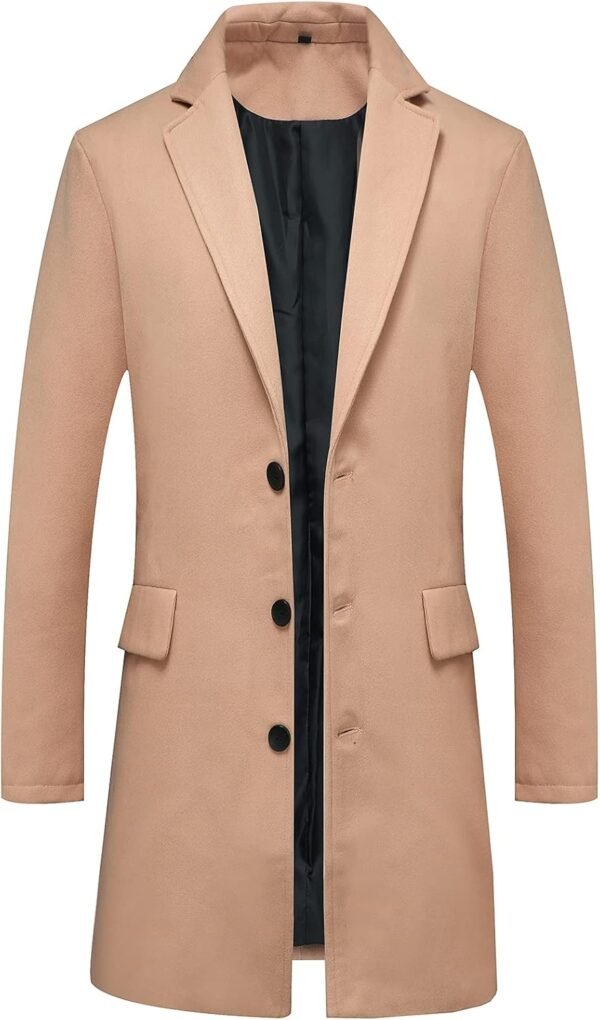 Men's Classic Wool Trench Overcoat Single Breasted Mid Long Wool Blend Top Pea Coats Jackets
