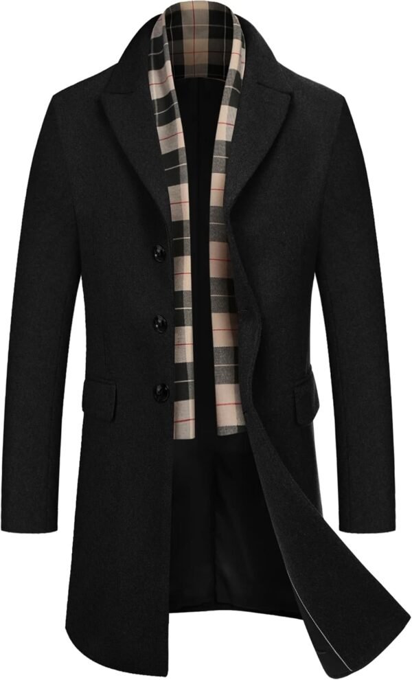 Men's Wool Blend Coat with Detachable Plaid Scarfs Notched Collar Single Breasted Pea Coat Trench Overcoat