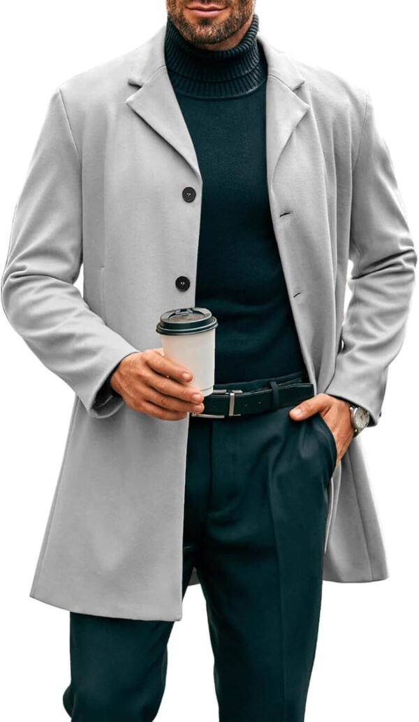 Mens Mid Long Trench Coat Slim Fit Winter Pea Coat Single Breasted Business Overcoat