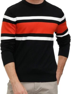 Mens Striped Pullover Sweater Crewneck Contrast Fine Knitted Sweaters