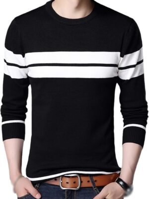 Autumn Men's Knitted Sweater Shirt O Neck Long Sleeve Pullover Stripe Patchwork Jumper Casual Bottoming for Winter
