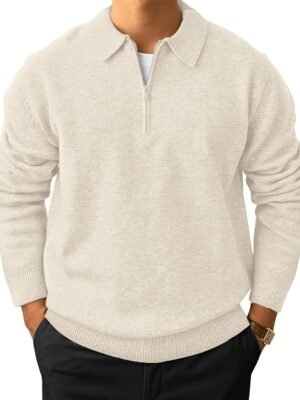 Men's Casual Knit Polo Sweater Classic Long Sleeve Thermal Basic Zip Collar Shirts