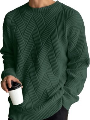 Mens Crewneck Sweaters Long Sleeves Diagonal Interlock Jacquard Pattern Sweaters for Men