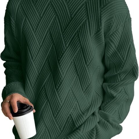 Mens Crewneck Sweaters Long Sleeves Diagonal Interlock Jacquard Pattern Sweaters for Men