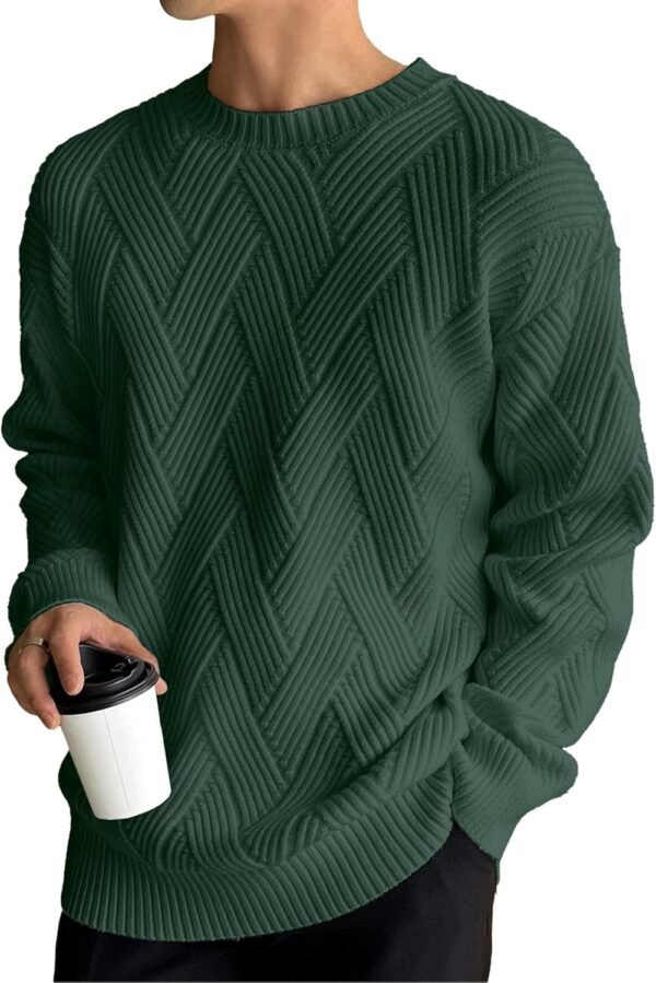 Mens Crewneck Sweaters Long Sleeves Diagonal Interlock Jacquard Pattern Sweaters for Men