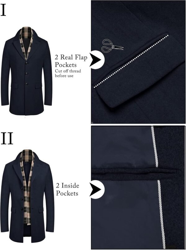 Men's Wool Blend Coat with Detachable Plaid Scarfs Notched Collar Single Breasted Pea Coat Trench Overcoat