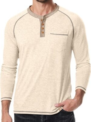 Men's Henley Long/Short Sleeve T-Shirt Stretch Cotton Casual Pullover Tee Shirts with Pockets