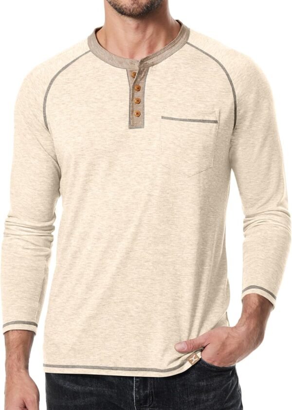 Men's Henley Long/Short Sleeve T-Shirt Stretch Cotton Casual Pullover Tee Shirts with Pockets