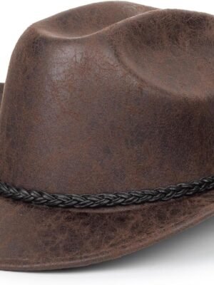 Western Cowboy Hat with Head Belt Wide Brim PU Leather Cowhide Knight Hat for Sun Protection Outdoor Riding Unisex Jazz Hat Brown