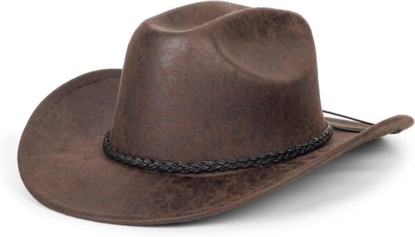 Western Cowboy Hat with Head Belt Wide Brim PU Leather Cowhide Knight Hat for Sun Protection Outdoor Riding Unisex Jazz Hat Brown