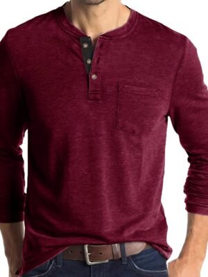 Men Spring and Autumn Button Round Neck Solid Color Blouse Long Sleeve Pocket Top Bottoming Shirt T Shirts Cotton