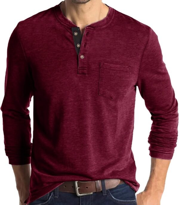 Men Spring and Autumn Button Round Neck Solid Color Blouse Long Sleeve Pocket Top Bottoming Shirt T Shirts Cotton