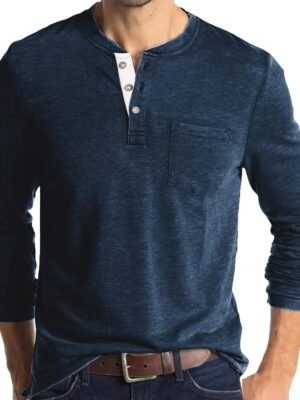 Men Spring and Autumn Button Round Neck Solid Color Blouse Long Sleeve Pocket Top Bottoming Shirt T Shirts Cotton