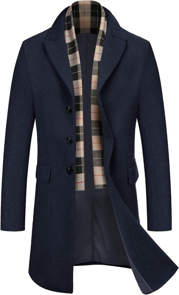 Men's Wool Blend Coat with Detachable Plaid Scarfs Notched Collar Single Breasted Pea Coat Trench Overcoat