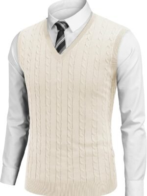 Men's Sweater Vest V Neck Slim Fit Cable Knitted Sleeveless Pullover Sweater