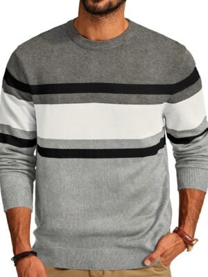 Mens Striped Pullover Sweater Crewneck Contrast Fine Knitted Sweaters