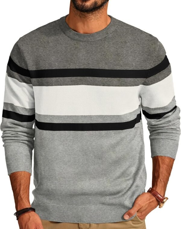 Mens Striped Pullover Sweater Crewneck Contrast Fine Knitted Sweaters