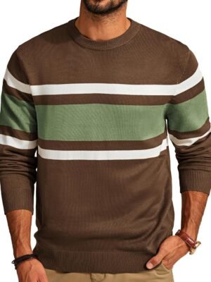 Mens Striped Pullover Sweater Crewneck Contrast Fine Knitted Sweaters