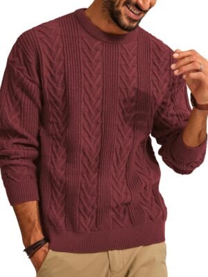 Mens Crewneck Sweater Casual Cable Knit Pullover Sweater Drop Shoulder Solid Knitted Sweaters