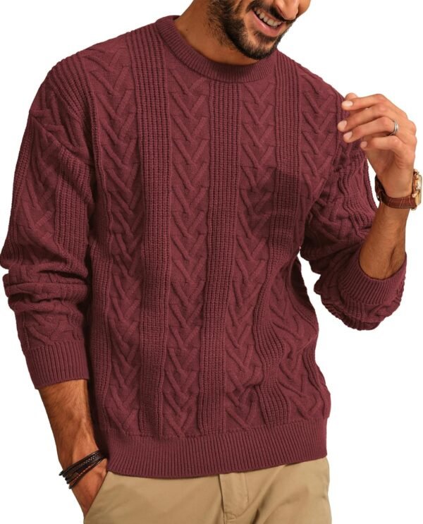 Mens Crewneck Sweater Casual Cable Knit Pullover Sweater Drop Shoulder Solid Knitted Sweaters